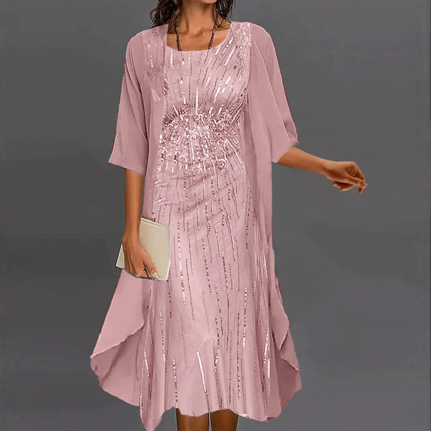 Formal Party Dresses Women Elegant Shiny Sequins Solid Color O-Neck Evening Dress Wedding Dress Two Piece Set Dress Vestidos