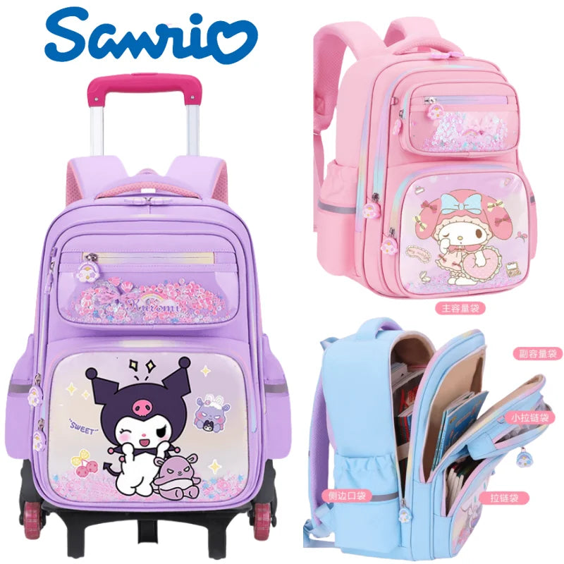 New Kuromi 2-Wheel Trolley School Bag Girls Cartoon Melody Backpack Load-Reducing Large Capacity 6-Wheel Trolley Backpack
