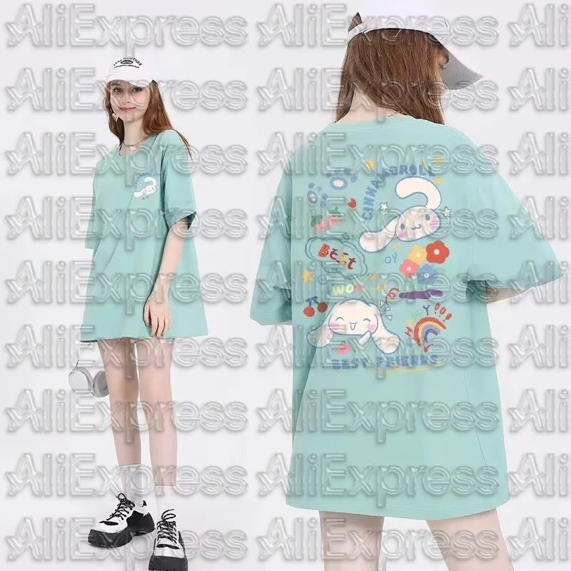 MOTO Kawaii Sanrioed Womens T-Shirt Anime Kuromi Cinnamoroll Cotton Round Neck My Melody Kuromi Printing Tops Girls Summer