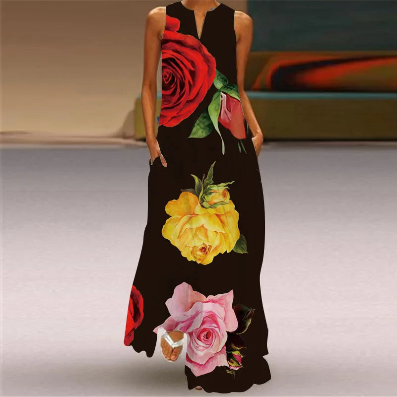 Summer Sexy Maxi Dresses Women Sleeveless V-Neck Robe Party 2025 Retro Loose Beach Vestidos Y2k S-5XL