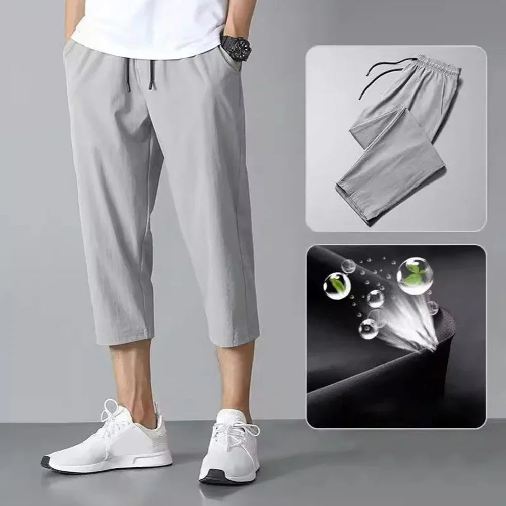 2025 New Summer Men's Ice Silk Pants Hong Kong Style Trendy Loose-Fit Straight-Leg Cropped Pants Korean Version Casual Pants