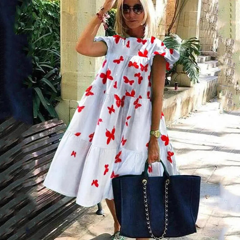 Summer Fashion Boho Print Dress Lady Casual O-Neck Pullover Ruffles Short Sleeve Loose Dresses For Women Holiday Beach Dress New