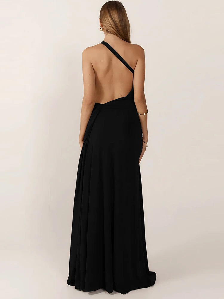 Sibybo Oblique Shoulder Sleeveless Ruched Maxi Dress For Women Gown Elegant Metal Rings Backless Bodycon Long Dresses Vestidos