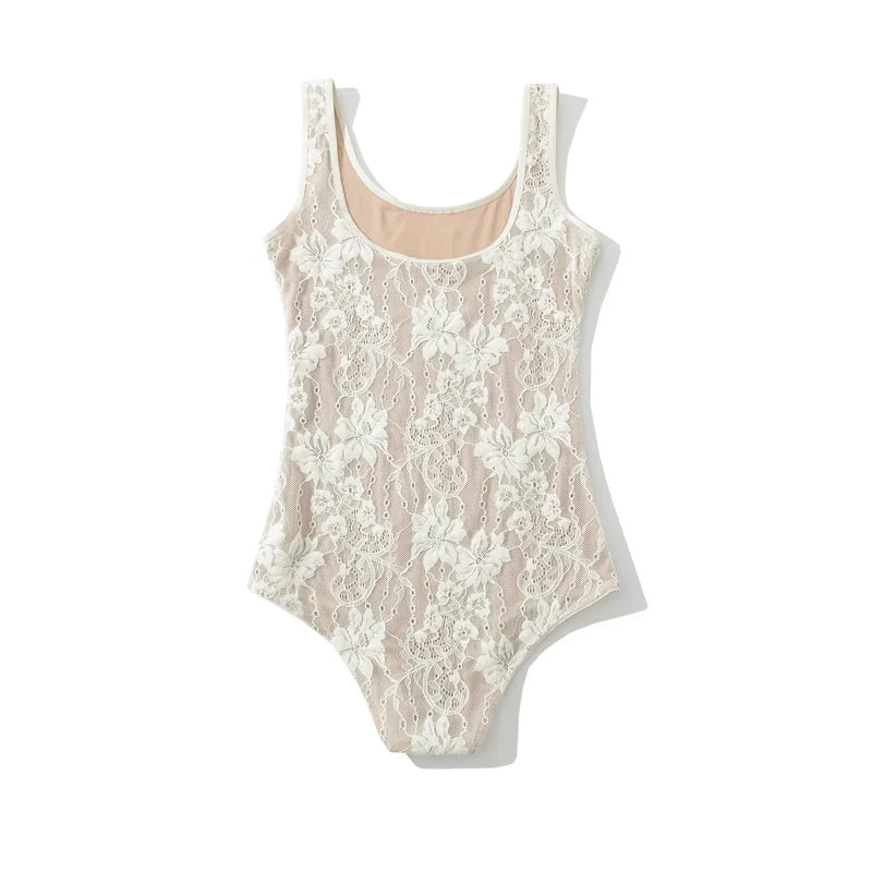 Women's Tank Double Layer Lace Bodysuit With Low Back Detail