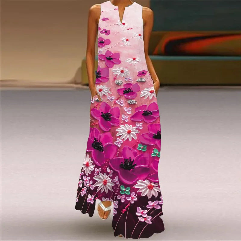 New Floral Pattern Women Long Dresses Summer Sleeveless 3d Flower Printed Street Ladies Maxi Dress 3XL Plus Size Casual Dress