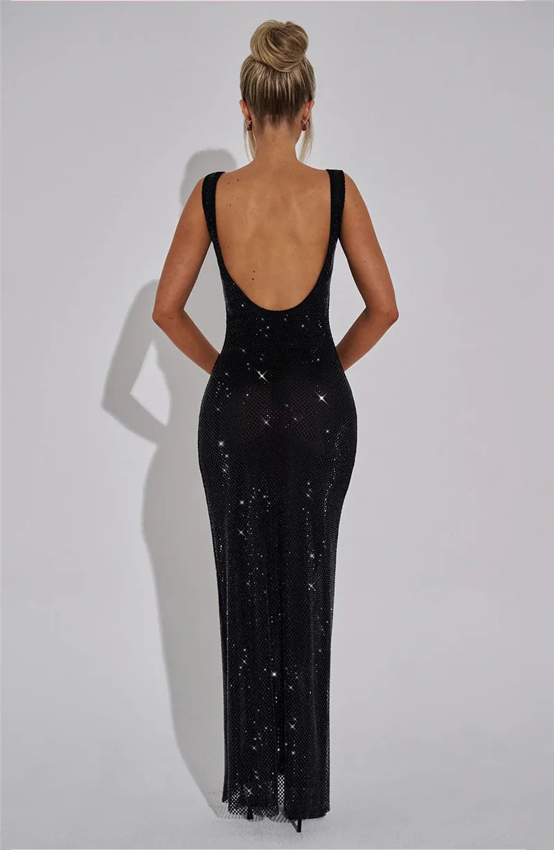 Mozision Sequins Backless Sexy Maxi Dress For Women Gown Fashion Sparkle Square Collar Sleeveless Bodycon Club Long Dress