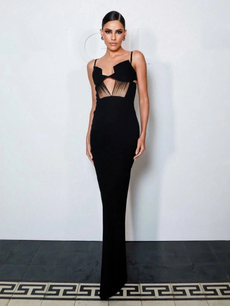 Sexy Spaghetti Strap Mesh Patchwork Hollow Out Bandage Dress Women Black Sleeveless V Neck Bodycon Dresses Evening Party Gowns