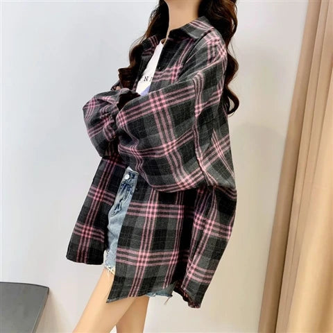 Women Tartan Shirt Long Sleeve Collared Button Up Oversized Plaid Shirt Jacket Grunge Fashion Teenage Girl Spring Summer Outfit