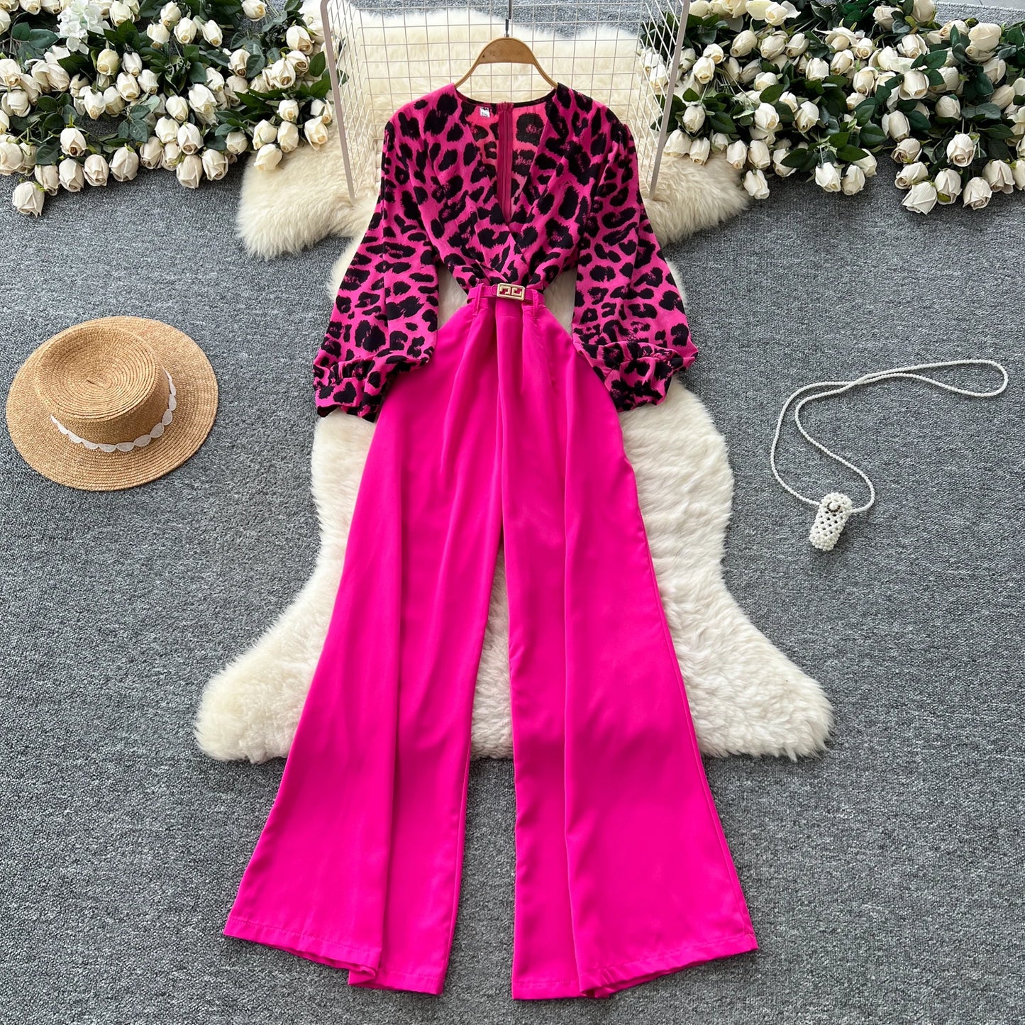 SINGREINY Autumn Leopard Long Jumpsuits V Neck Long Sleeves Belt Wide Legs Pants Women American Retro Senior Office Lady Rompers