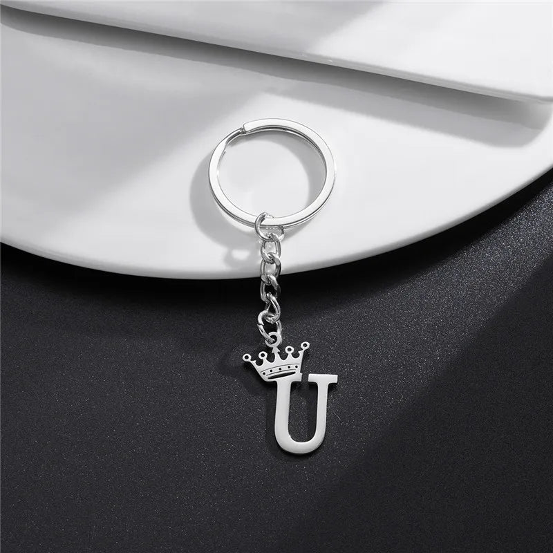 Fashion Crown A-Z Letters Pendant Keychains for Lovers Silver Color 26 Alphabet Keyring Women Car Key Ring Unique Name Jewelry