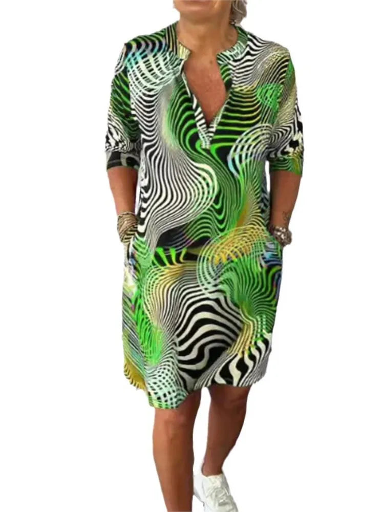 Elegant Printed V-neck Mid-sleeve Dress For Women New Summer Fahsion Casual Loose Office Holiday Party Dresses Women Clothe