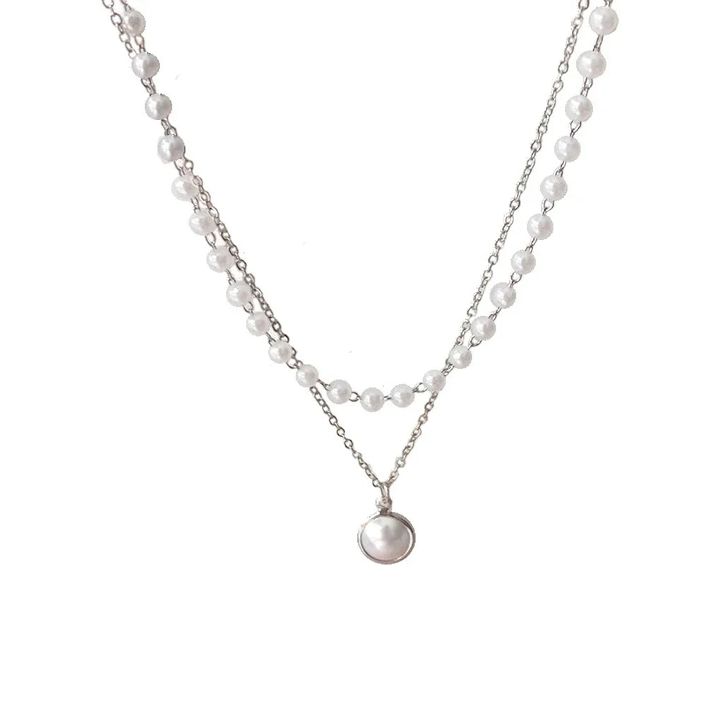 Pearl Dainty Adjustable Double Layer Chain Pendant Necklaces Gold Plated Pearl Tiny Chain Delicate Mother's Valentine Jewelry
