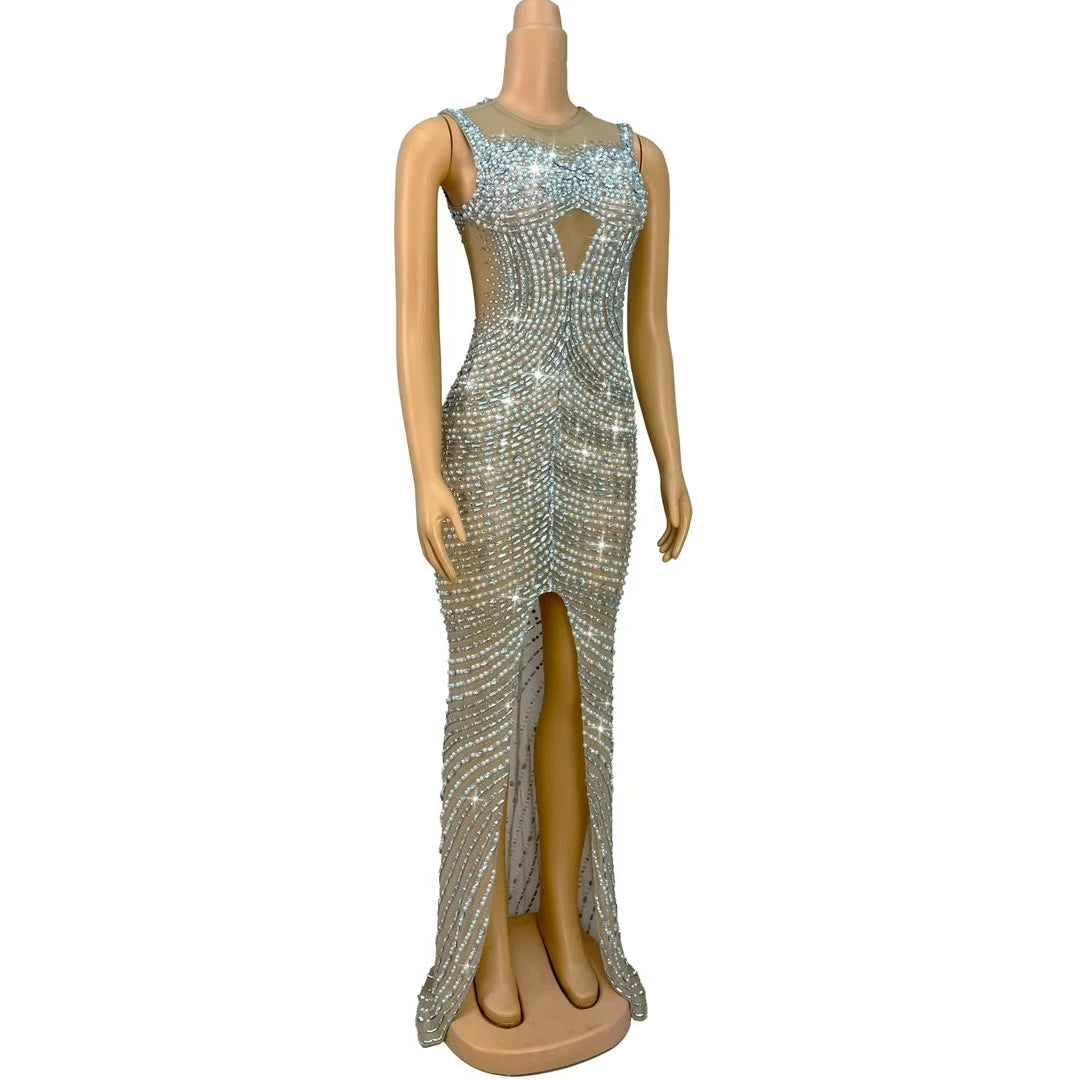 Shuanggouqun Sleeveless Tight Sexy Full Diamond Pearl Split Long Dresses Women Birthday Party Dinner Bar DJ Performance Costume