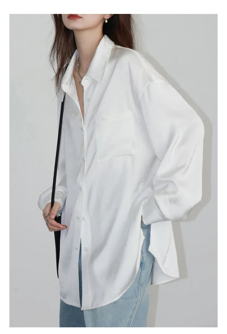 CHIC VEN Korean Women Shirt White Solid Pleated Side Slit Loose Long Sleeved Woman Blouses Female Tops Spring Summer 2025
