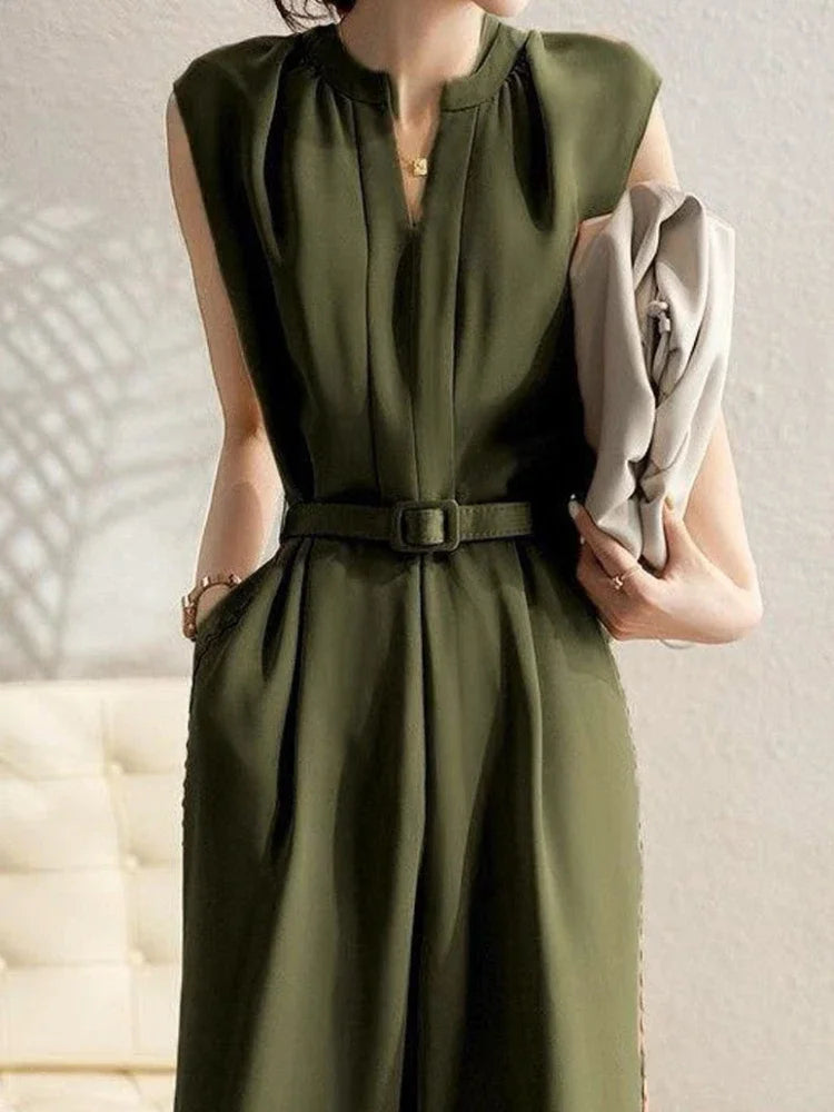Fashion Casual Wide Leg Pants Rompers Women Bodysuit Sashes Slim Waist V-neck Jump Suit Korean Vintage Suit Summer Jumpsuit