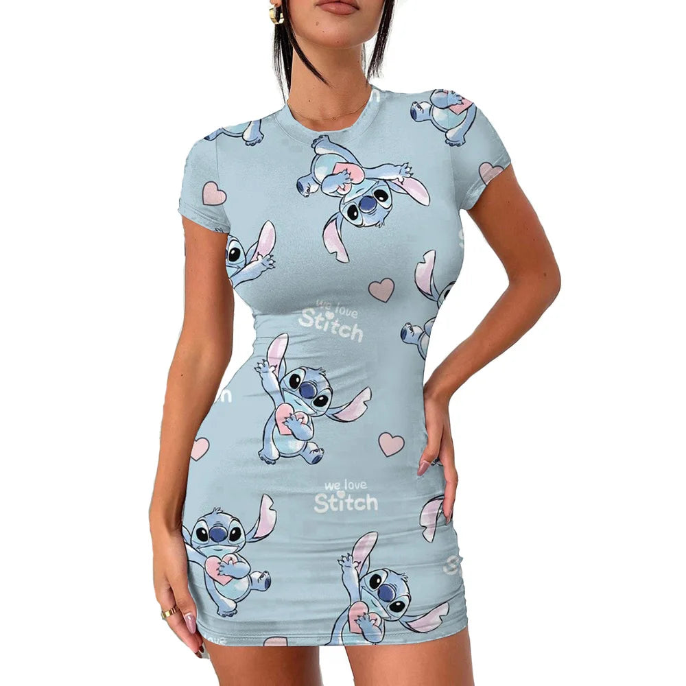 2022 Disney Stitch 3D Cartoon Print Tight Dress Short Sleeve Women's Tight Mini Dress Hip Print Kawaii beach party Women's Dress
