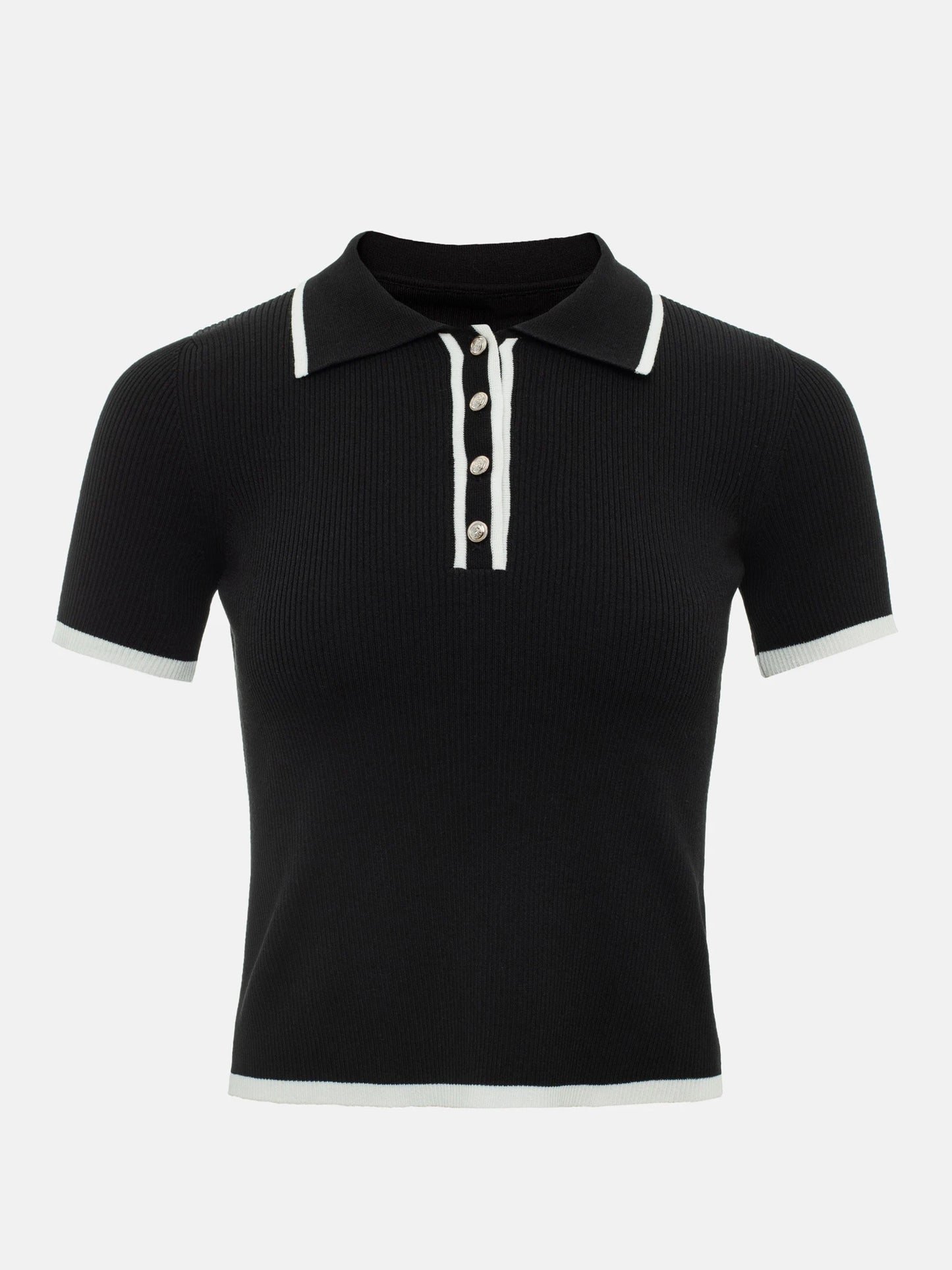 Knit Sweater Pullover Women Short Sleeve Patchwork Slim Lapel Elegant Contrast Knitwear Top Female Skinny Ribbed Pullover