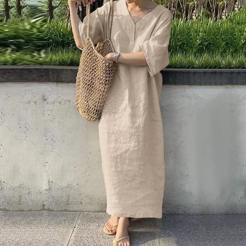 Women V Neck Button Short Sleeve Loose Maxi Dresses Summer Casual Female Holiday Beachwear Solid Color Cotton Linen Party Dress