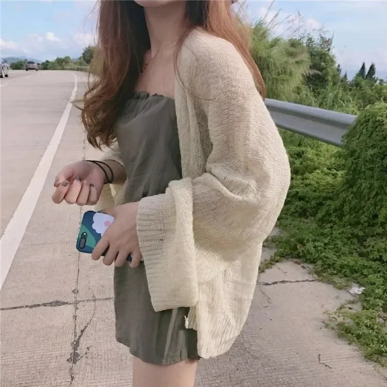Women's Y2K Korean Cropped Cardigan - Loose Knit Summer Cover-Up for Beach Outfits & Casual Layers