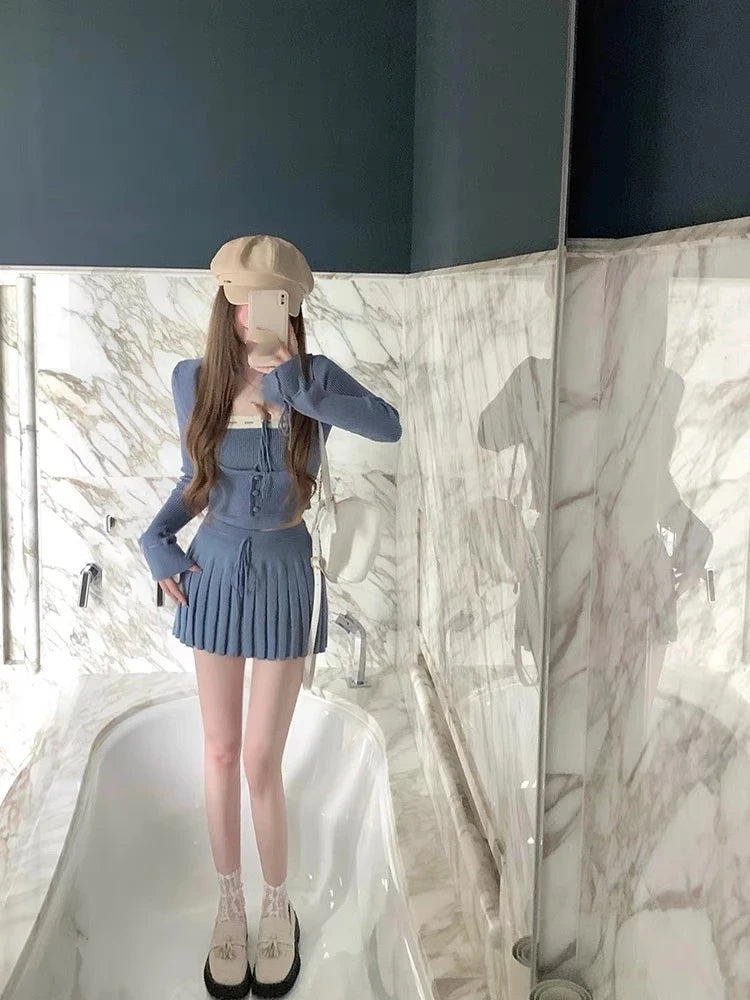 Woman Y2k Matching 3 Piece Set New Products Sweet Solid Knitted Cropped Patchwork Vest Slim Cardigan Mini Pleated Skirt Autumn