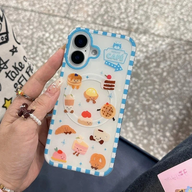 豪華でキュートなワッフルケーキのMagSafeワイヤレス充電ケース、iPhone 13 14 15 16 Pro Max用、面白い漫画ワッフルシェイクマグネットホルダー