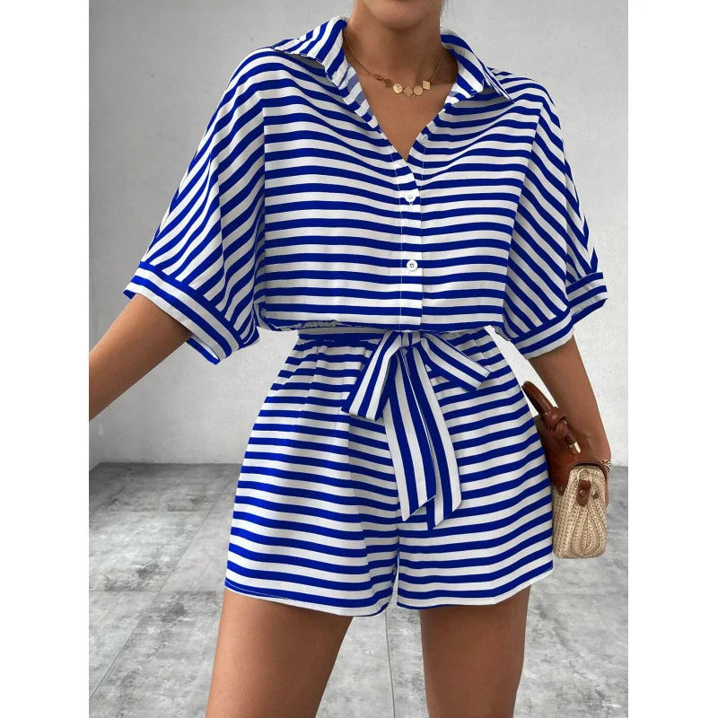 Summer New Set For Women's Casual Loose Comfortable Outfit Fashion Striped Batwing Sleeve Shirt Top+ Shorts 2-piece Sets Woman