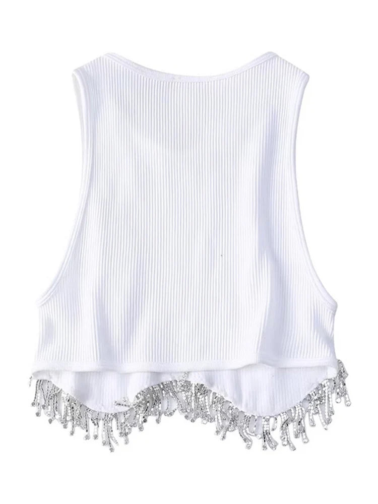 High Street Sexy Hem Tassel Diamond Beading Knitting T Shirt Chic Short Camis Tank Lady Slim Crop Vest Tops
