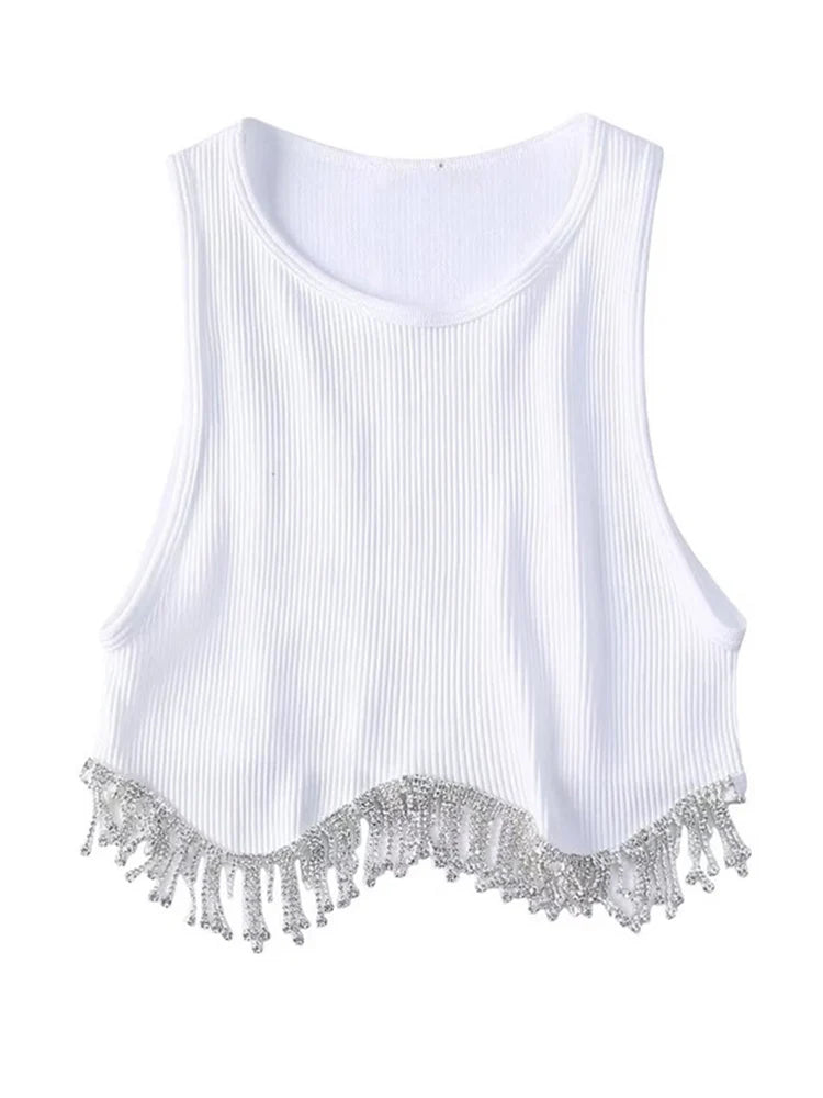 High Street Sexy Hem Tassel Diamond Beading Knitting T Shirt Chic Short Camis Tank Lady Slim Crop Vest Tops