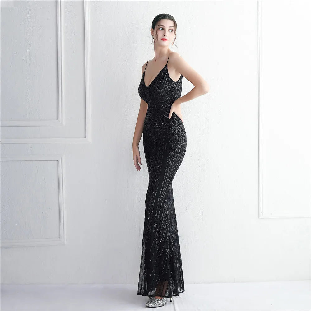 Women's Black Long Sleeve Padded Strap Sequin Dress Length, Sparkles Stretch, V Neck Mermaid, Formal Evening Dress, Night Party