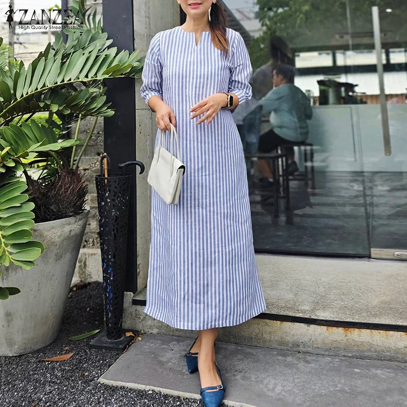 2025 Autumn Striped Dresses ZANZEA Fashion Women V Neck Long Sleeve Work Dress Elegant Office OL Sundress Maxi Long Vestido Robe