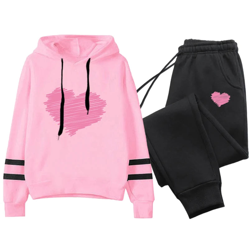 Cute Heart Printed Hoodies Sweatpants Woman Daily Casual Sports Jogging Suit Home Outdoor Comfort Warm Outfit Women's Clothes