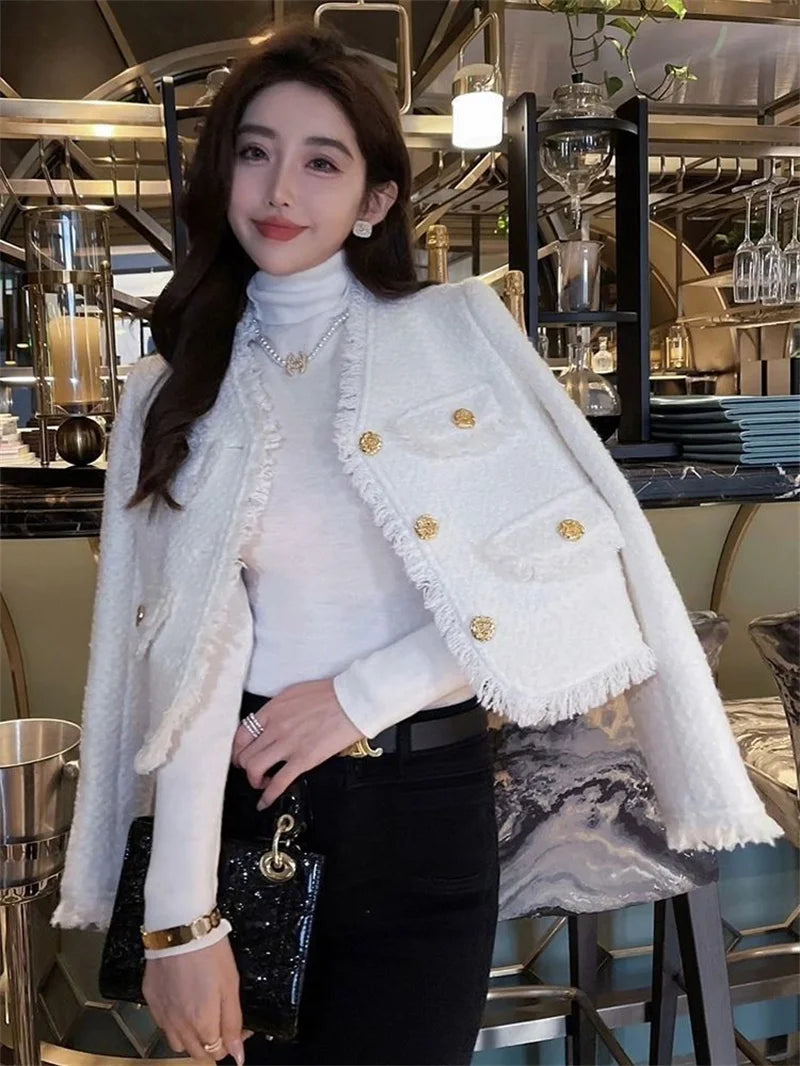ジャケット 小さな香り ゆったり Vネック 長袖コート 春秋 高級 高級ツイード フレンチホワイト ショートコート レディース