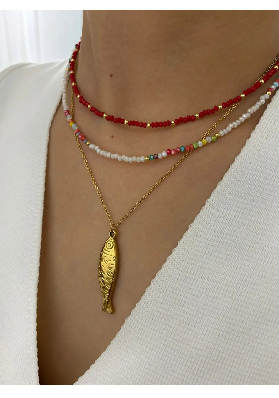Peri'sbox Boho Colorful Acrylic Beaded Chain for Women 18K Gold Plated Solid Fish Pendant Necklace Waterproof Stackable Jewelry
