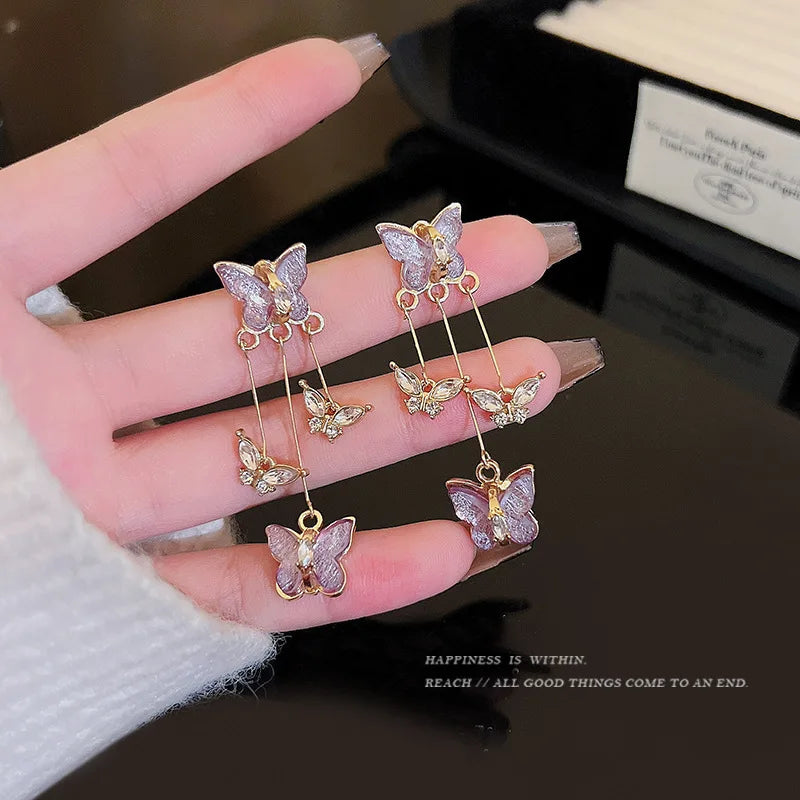 925 Silver Needle Purple Butterfly Long Tassel Earrings For Women Jewelry 2025 Trending Korean Fashion Luxury Crystal Earrings