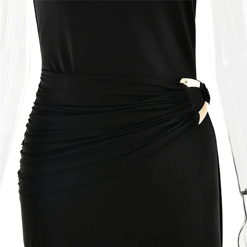 Sibybo Oblique Shoulder Sleeveless Ruched Maxi Dress For Women Gown Elegant Metal Rings Backless Bodycon Long Dresses Vestidos
