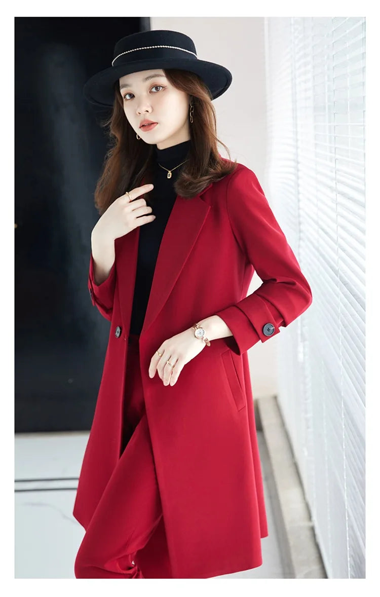 2022 Winter High-end Women's Business Suit Pants Two-piece Set Temperament Slim Solid Color Lady Double Breasted Trench Coat