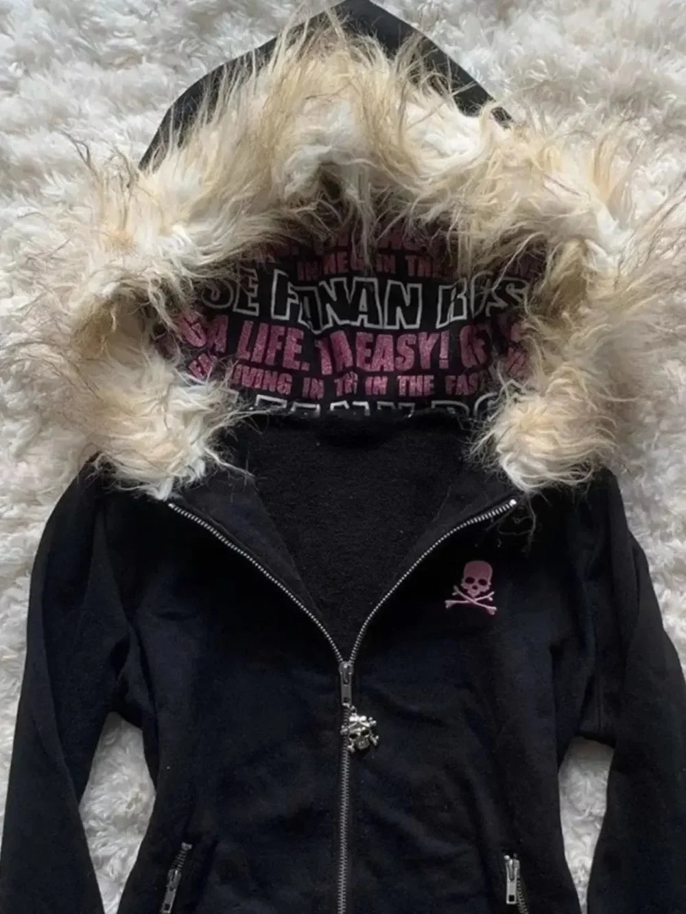 Y2K Black Fur Collar Zipper Sweatshirt Hoodie Sexy Women Sweatshirt Harajuku Goth Letter Graphic Print Slim Coat Winter Clothes