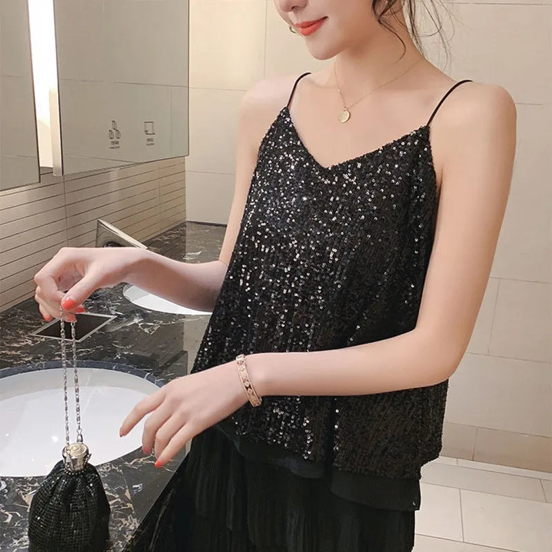 Women's Loose Casual Sequined Camisole Vest V Neck Shiny Sexy Sparkling Basic Top Fashionable Versatile Summer Top