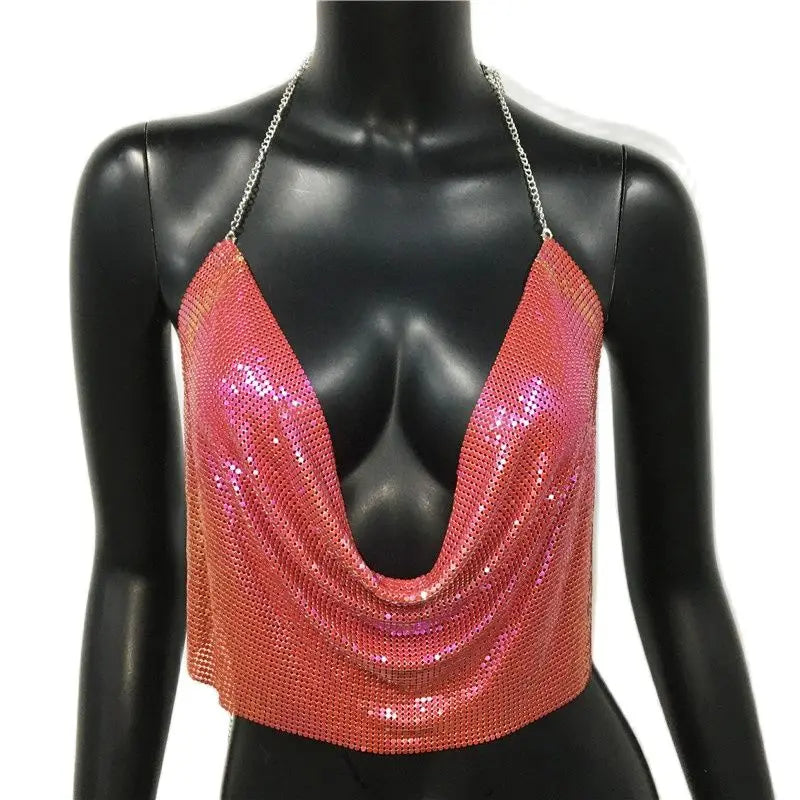 Glitter Metal Sequins Backless Camisole For Women Sexy Deep V Neck Halter Neck Sleeveless Tank Top Lady Nightclub Party Crop Top