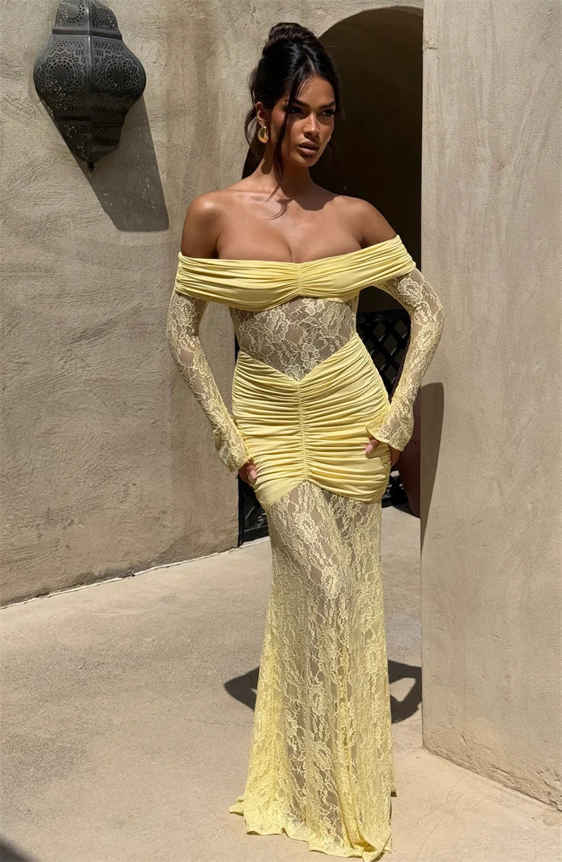 Mozision Off-shoulder Long Sleeve Sexy Maxi Dress Women Fashion Lace See Through Strapless Backless Bodycon Club Party Dresses