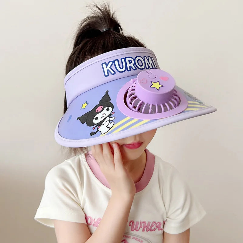 New Cute Kuromi Kids Sun Hat with Cooling Fan Summer Breathable Uv Protection Cap for Boys Girls Outdoor Play Wide Brim Visor