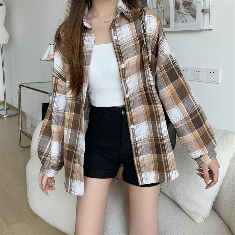 Women Tartan Shirt Long Sleeve Collared Button Up Oversized Plaid Shirt Jacket Grunge Fashion Teenage Girl Spring Summer Outfit