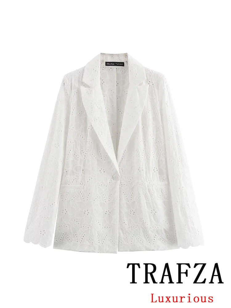 TRAFZA Vintage Office Lady Hollow Out Women Suit Solid Single Button Notched Blazer Mini Zipper Shorts Fashion 2025 Summer Sets