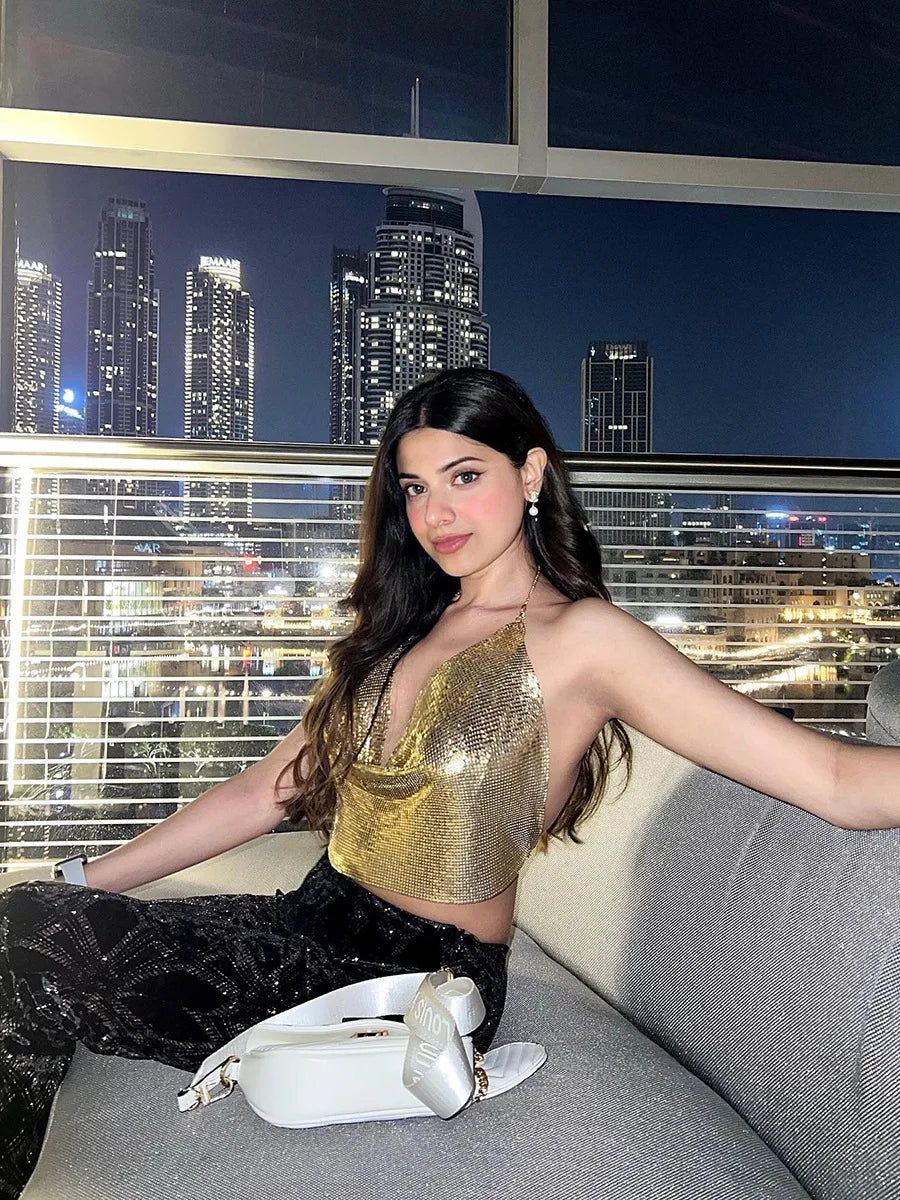 Glitter Metal Sequins Backless Camisole For Women Sexy Deep V Neck Halter Neck Sleeveless Tank Top Lady Nightclub Party Crop Top