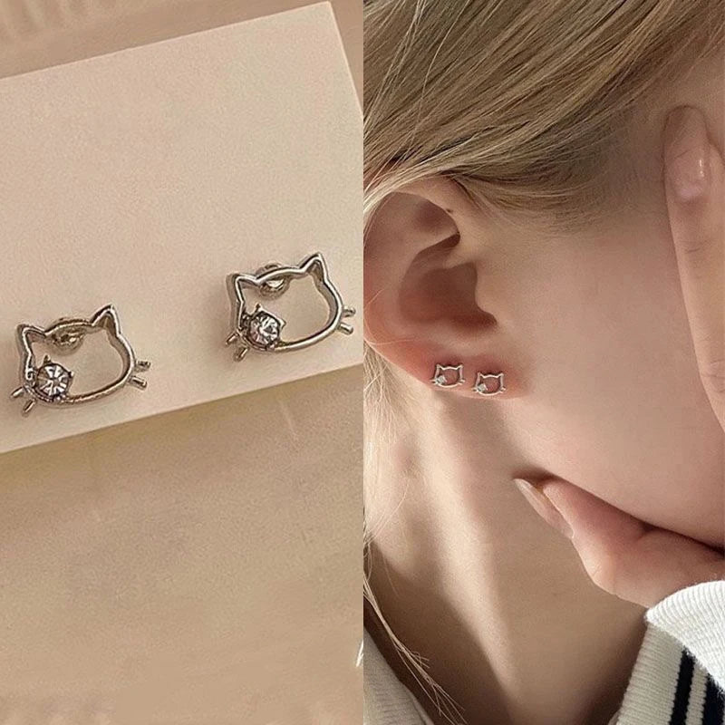 925 Sterling Silver Cute Hello Kitty Shining Zircon Earrings Kawaii Earrings Cartoon New Ins Sweet Student Exquisite Earrings