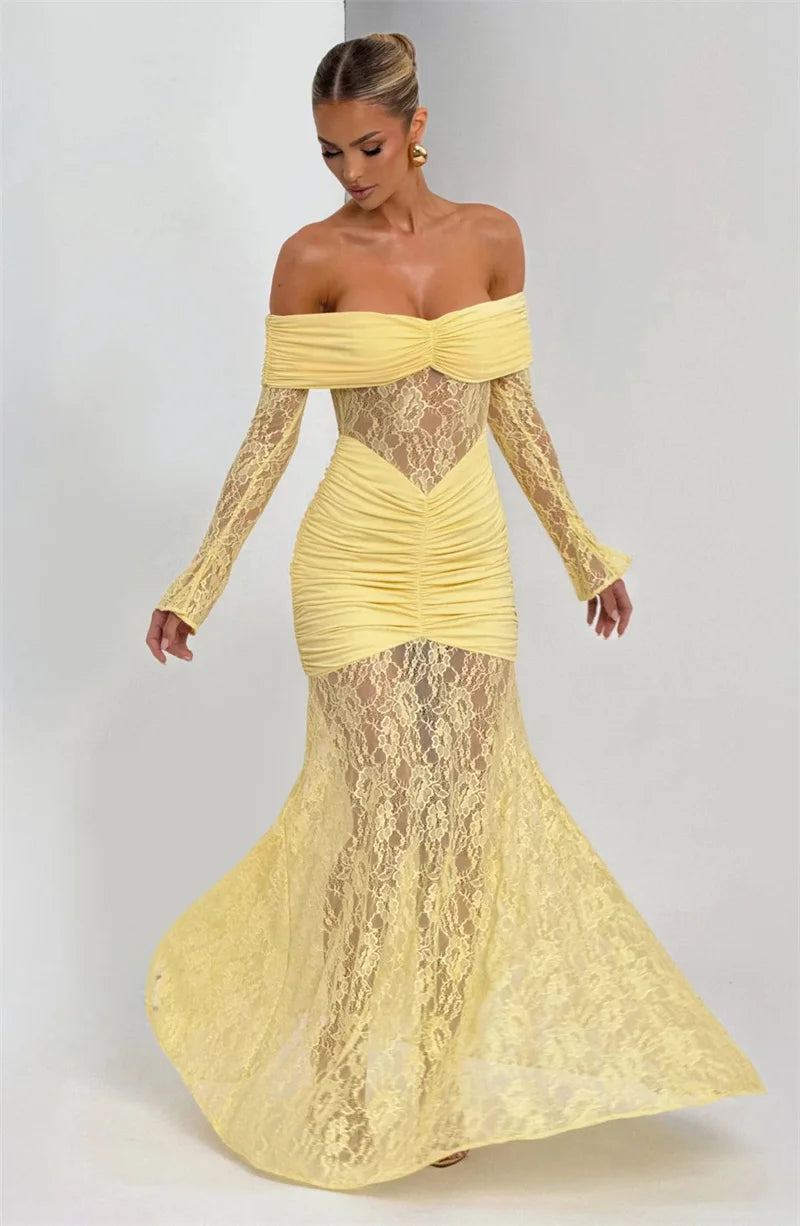 Mozision Off-shoulder Long Sleeve Sexy Maxi Dress Women Fashion Lace See Through Strapless Backless Bodycon Club Party Dresses