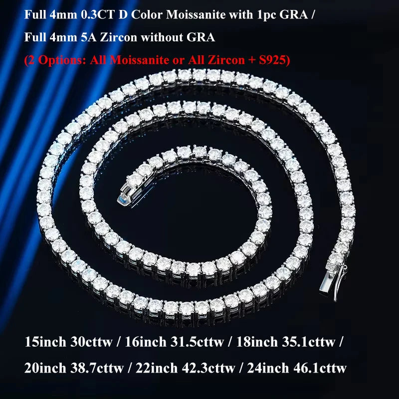 EWYA 本物 2-5mm フル D カラー モアサナイト テニス ネックチェーン ネックレス レディース メンズ 925 シルバー GRA 認定 パーティー ブライダル ネックレス
