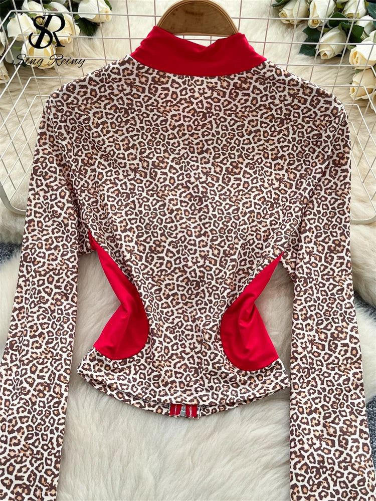 SINGREINY Sexy Leopard Two Piece Suits Female Stand Collar Zipper Slim Tops+Drawstring Mini Short 2025 Autumn Color Block Sets