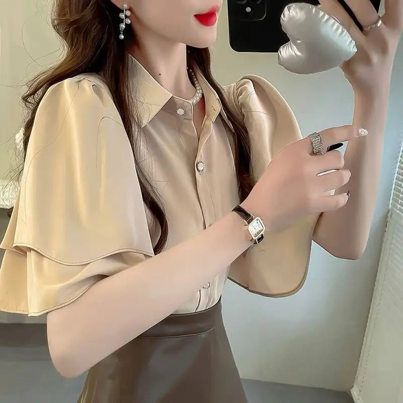 French Lady's Summer Loose Shirt Women's New Loose Blouse Solid Color Ruffle Short Sleeve Chiffon Top