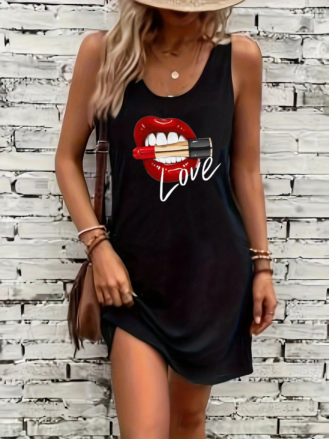 Women's summer loose and comfortable casual lip print letter pattern print black sleeveless vest skirt punk style dress